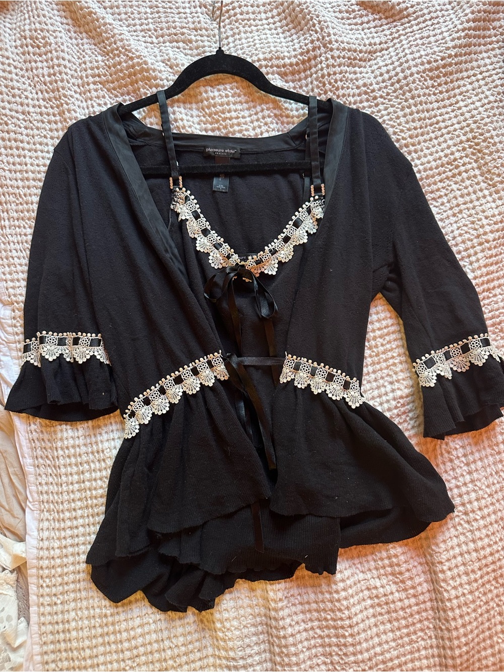 Vintage Two Piece Black Lace-Trim Cami Top with Sweater